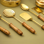 Brass Kitchen Ladles With Wooden Handle Set (14.5 Inch) Vedansh Craft