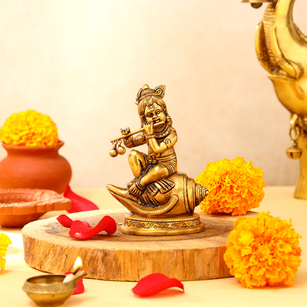 Brass Superfine Laddu Gopal Sitting On Conch (5 Inch) Vedansh Craft