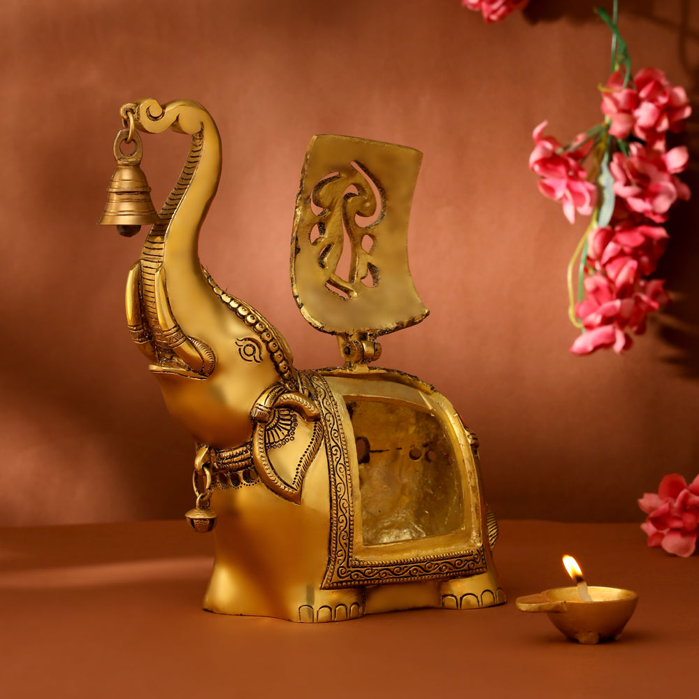 Brass Elephant Diya With Bell (10.5 Inch) Vedansh Craft