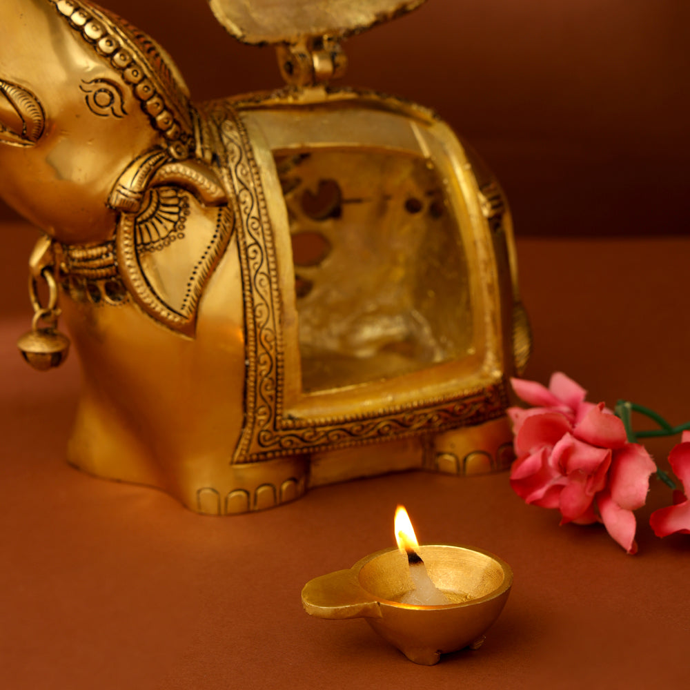 Brass Elephant Diya With Bell (10.5 Inch) Vedansh Craft