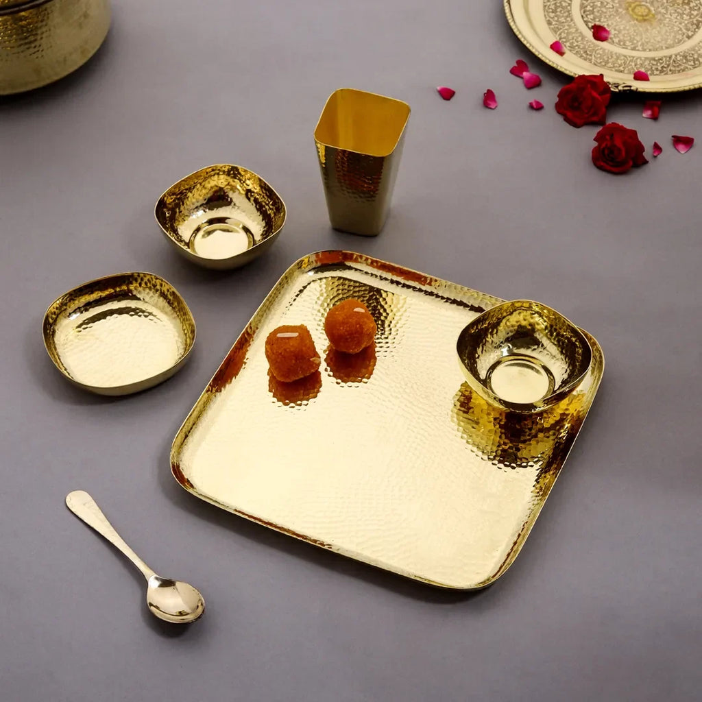 Brass Hammered Square Thali/Dinner Set (1.25 Kg) Vedansh Craft