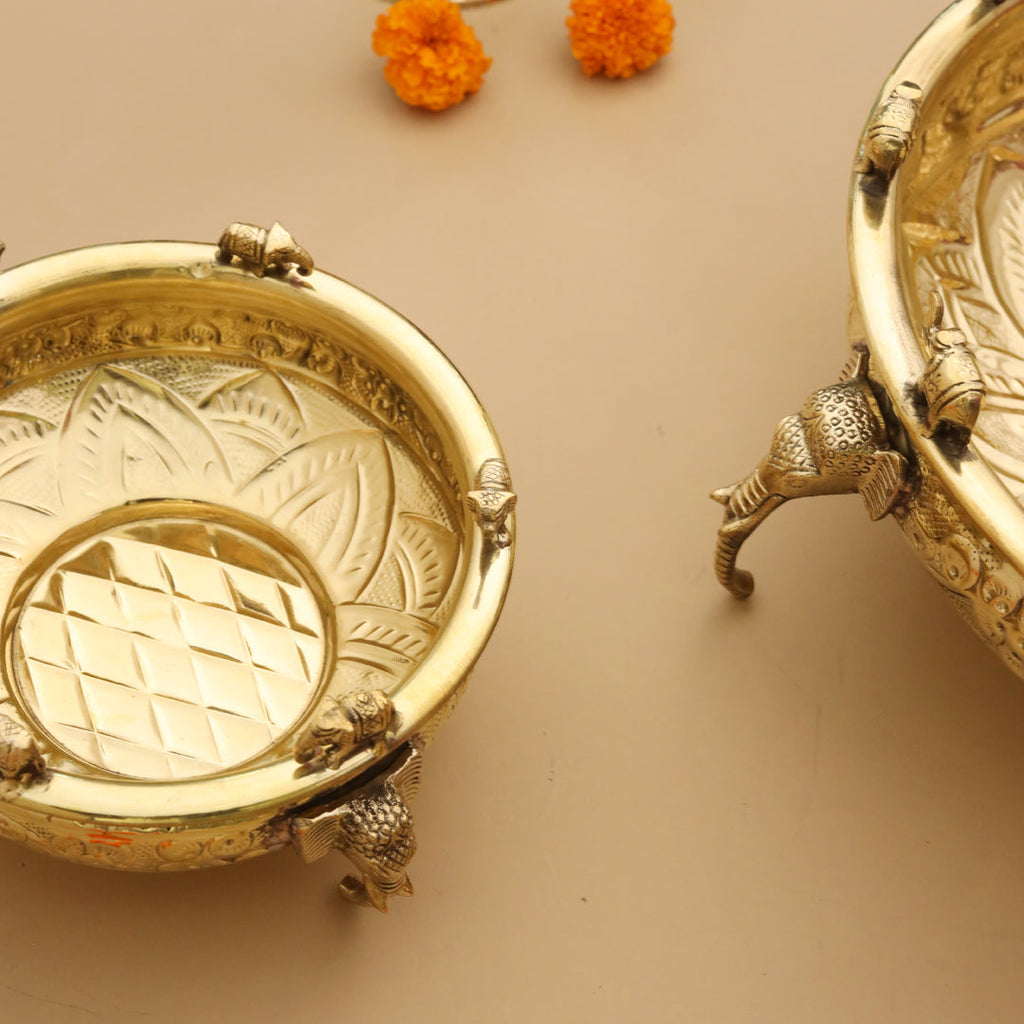 Brass Ganesha And Elephant Carving Urli (3.5 Inch) Vedansh Craft