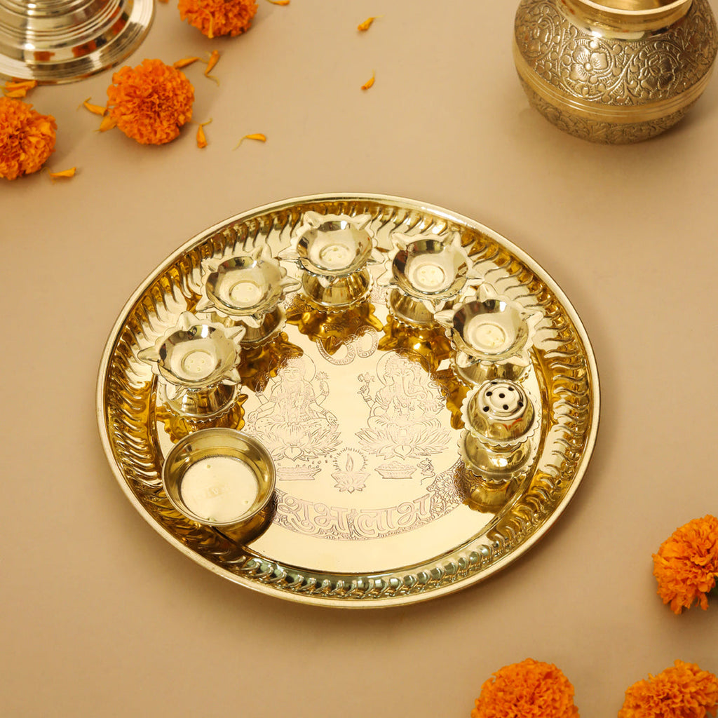Brass Traditional Seven Deepak Pooja Thali (11 Inch) Vedansh Craft