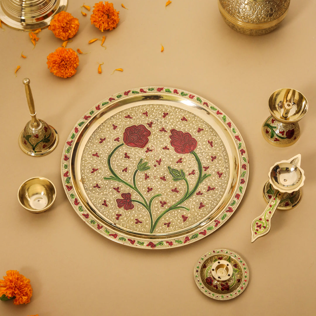 Brass Hand Painted Pooja Thali Set (1.2 Kg) Vedansh Craft