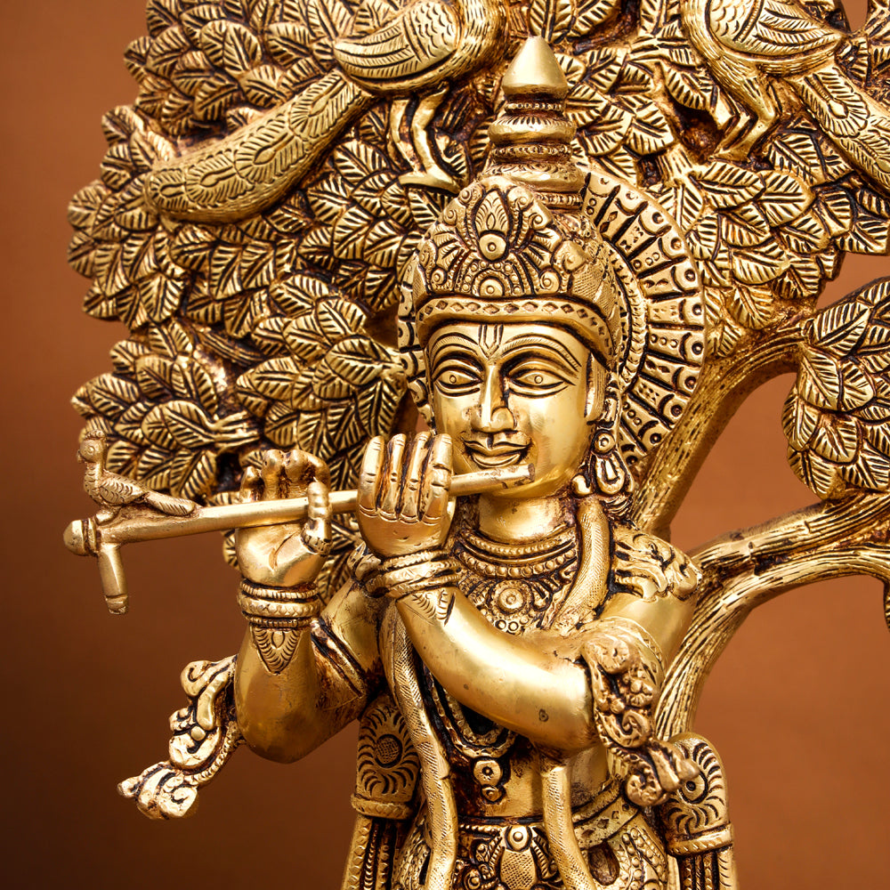 Brass Standing Krishna Idol With Tree (18.5 Inch) Vedansh Craft