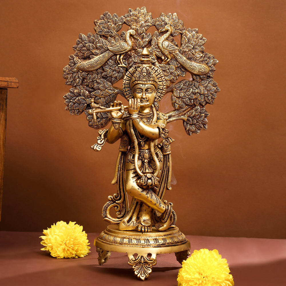 Brass Standing Krishna Idol With Tree (18.5 Inch) Vedansh Craft