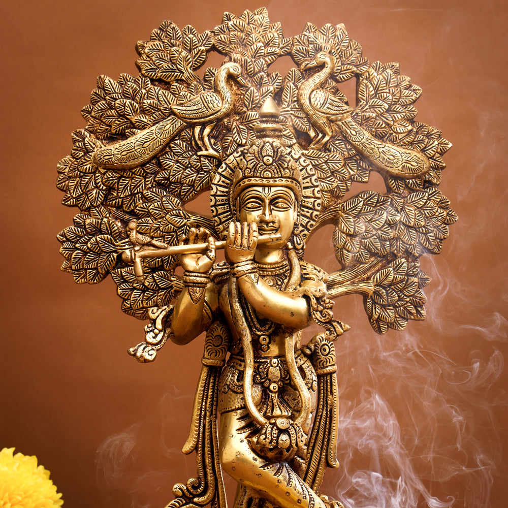 Brass Standing Krishna Idol With Tree (18.5 Inch) Vedansh Craft