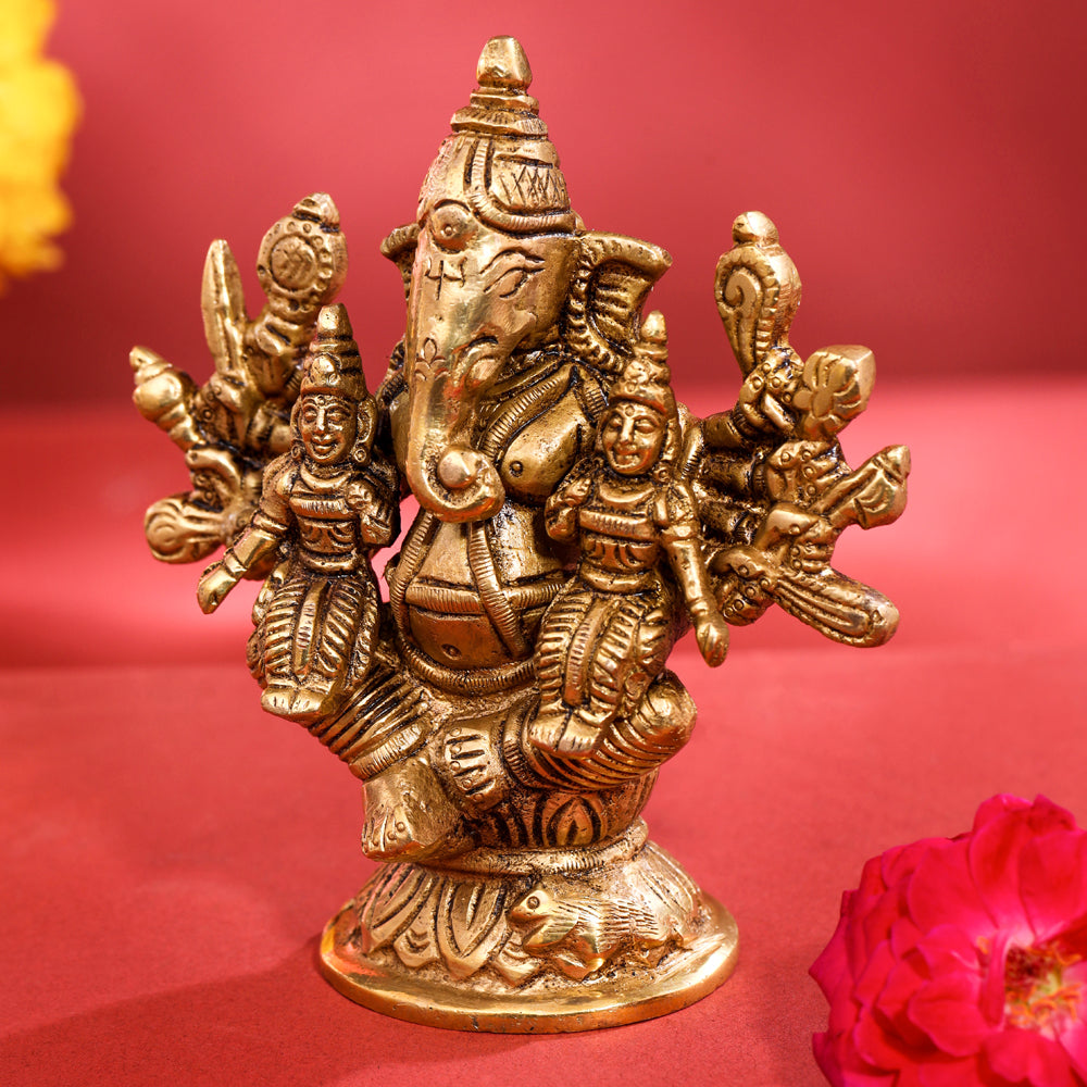 Brass Ganesha With Riddhi Siddhi Idol (4 Inch) Vedansh Craft