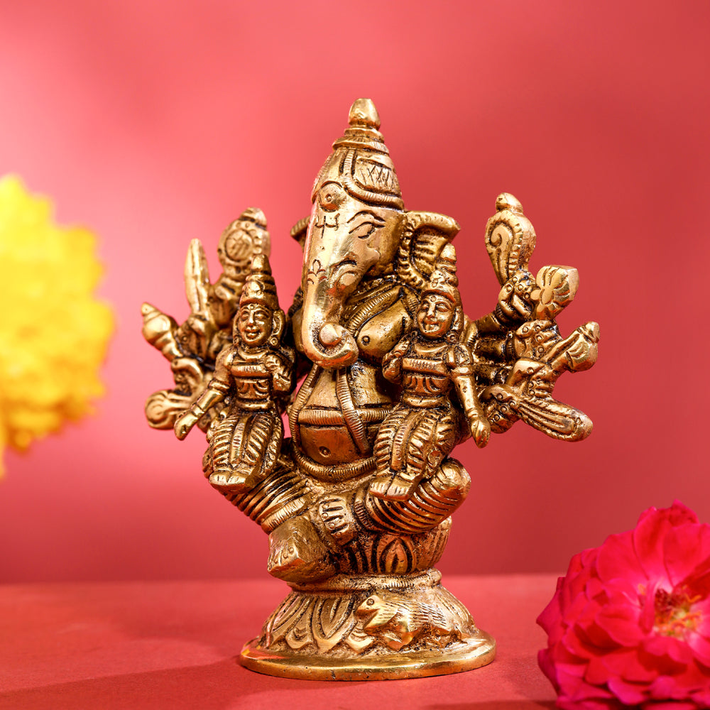 Brass Ganesha With Riddhi Siddhi Idol (4 Inch) Vedansh Craft