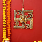 Brass Ganesha On Swastik With OM Wall Hanging (8.5 Inch) Vedansh Craft
