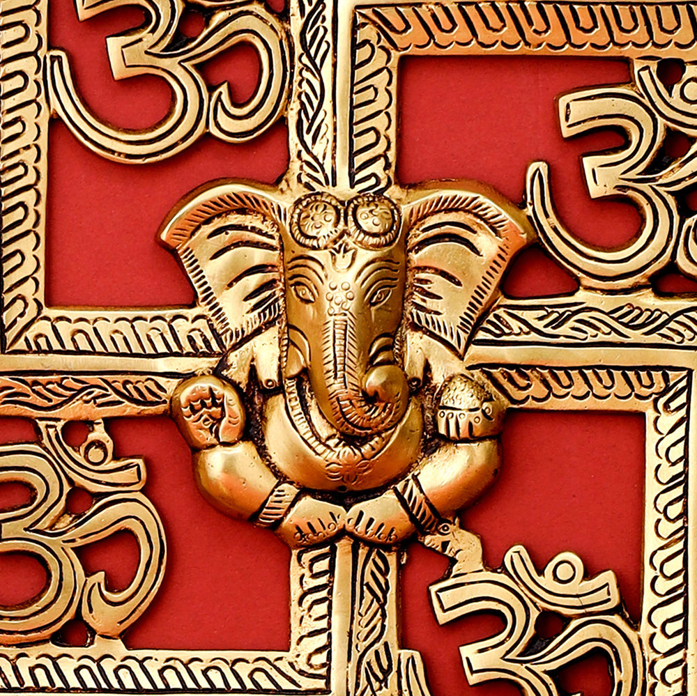 Brass Ganesha On Swastik With OM Wall Hanging (8.5 Inch) Vedansh Craft