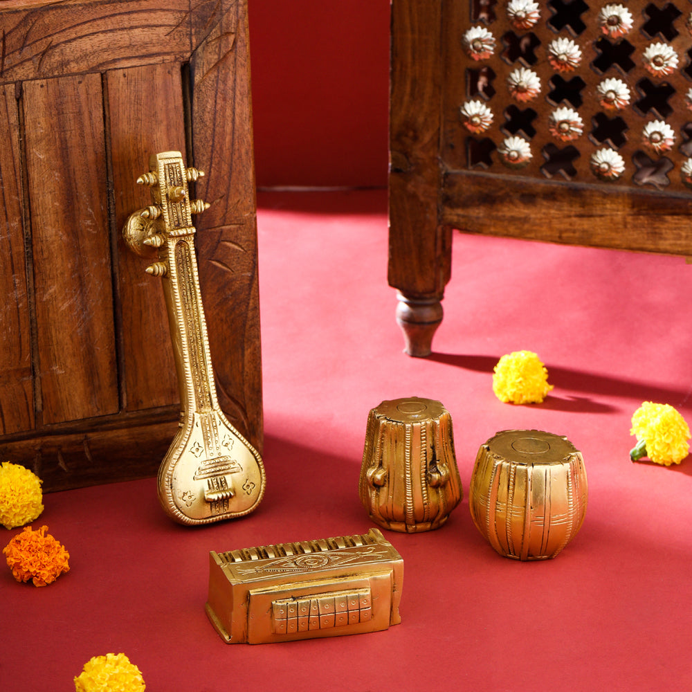 Brass Tabla, Dugi, Sitar And Harmonium Decor Set Vedansh Craft