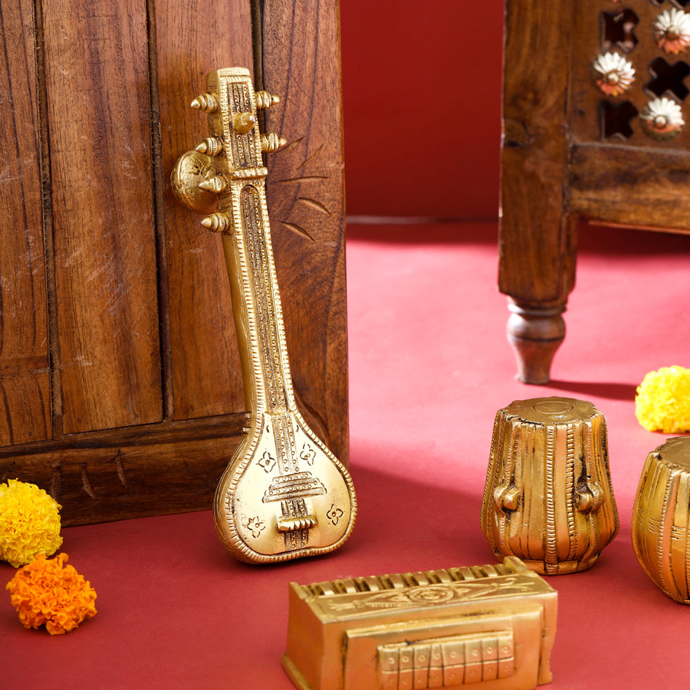Brass Tabla, Dugi, Sitar And Harmonium Decor Set Vedansh Craft