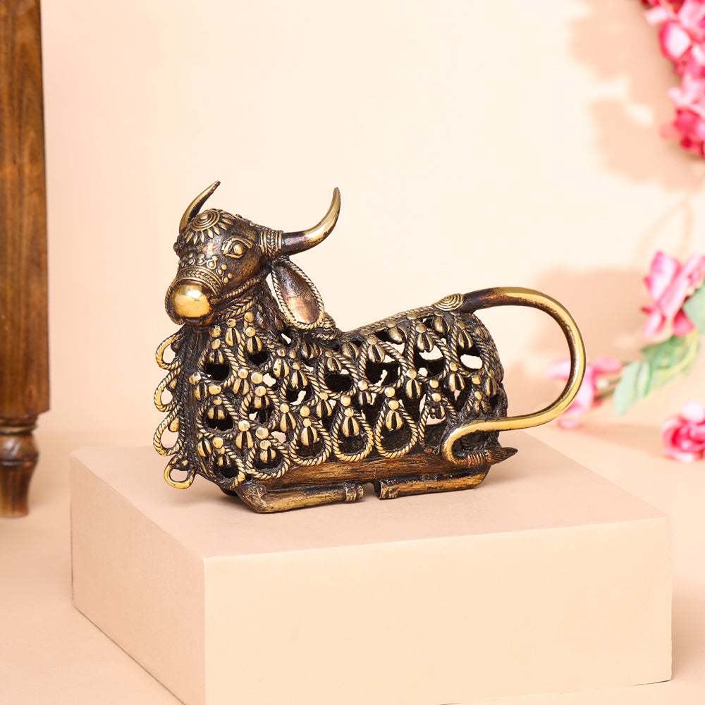 Brass Dhokra Sitting Jali Nandi Idol (6 Inch) Vedansh Craft