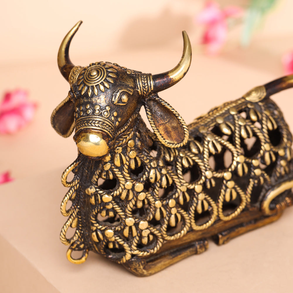 Brass Dhokra Sitting Jali Nandi Idol (6 Inch) Vedansh Craft