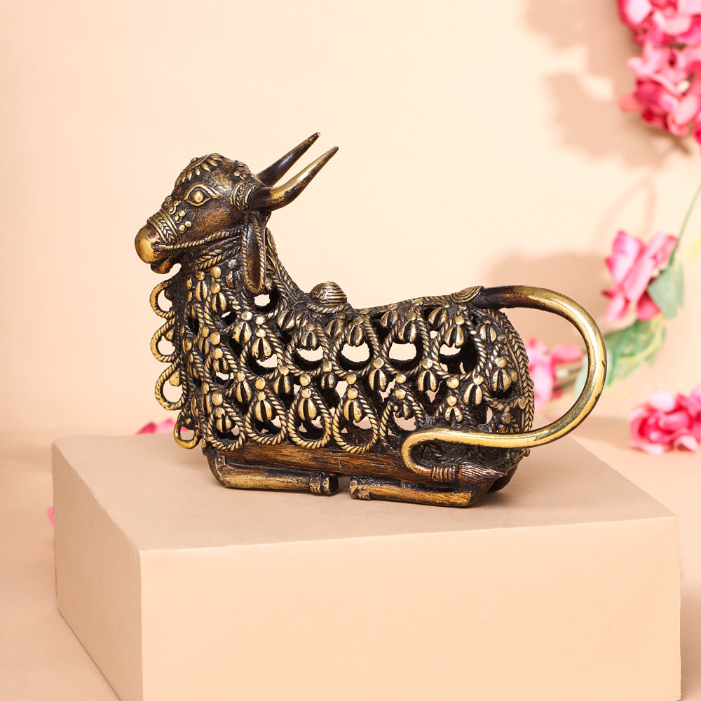 Brass Dhokra Sitting Jali Nandi Idol (6 Inch) Vedansh Craft