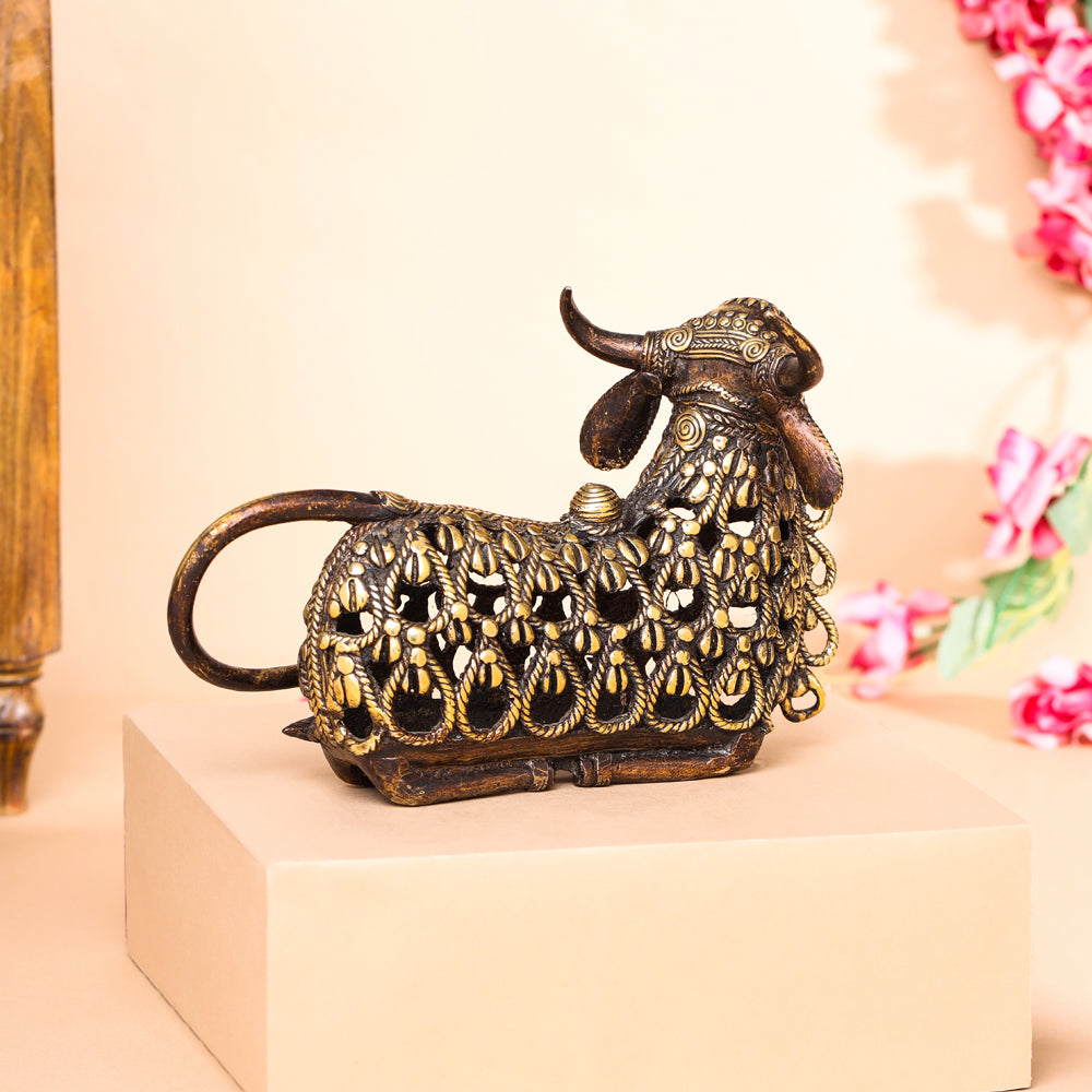 Brass Dhokra Sitting Jali Nandi Idol (6 Inch) Vedansh Craft