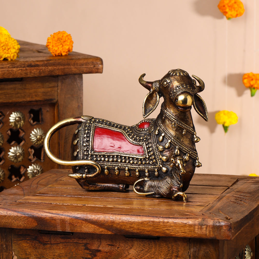 Brass Dhokra Sitting Kamdhenu Cow With Calf Idol (6 Inch) Vedansh Craft