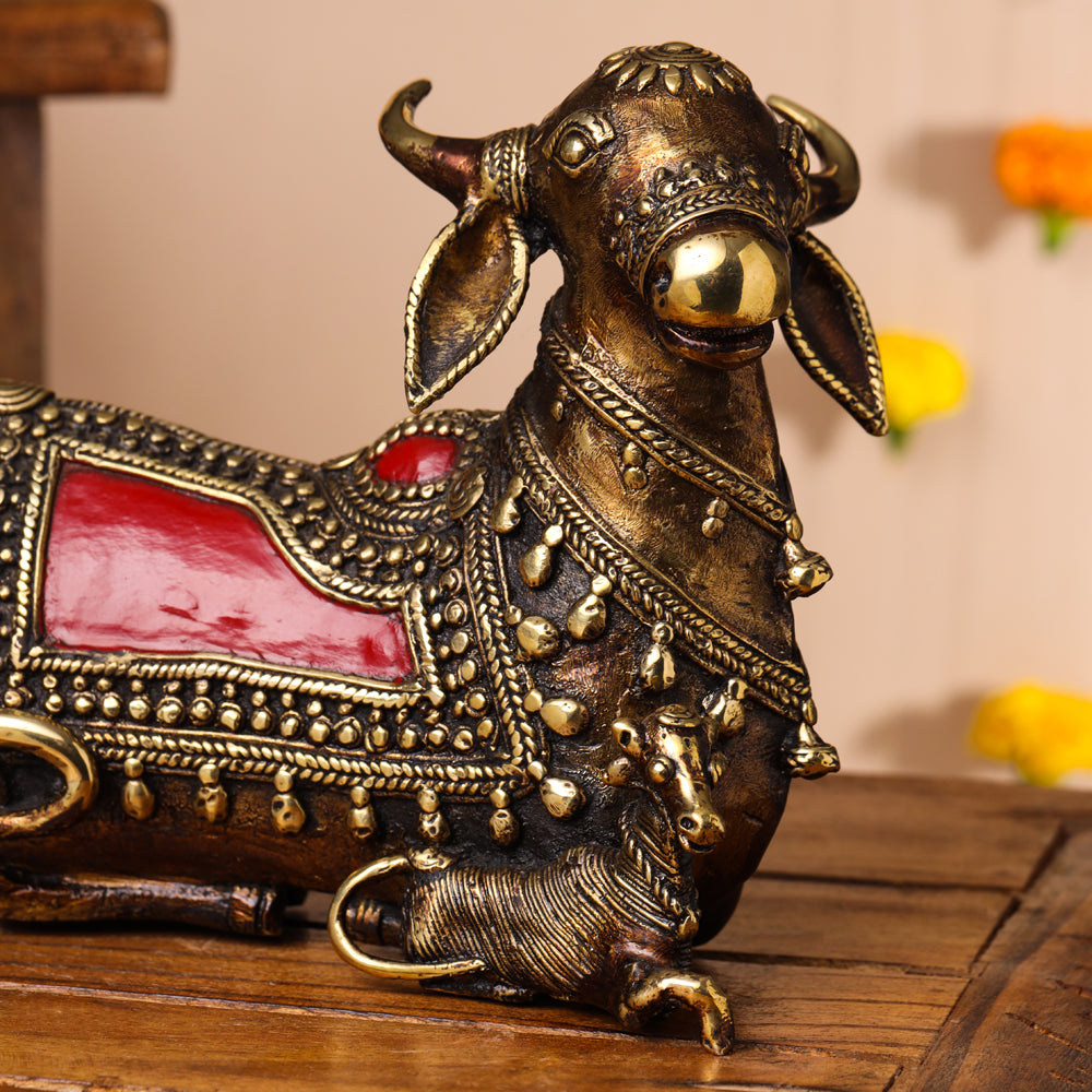 Brass Dhokra Sitting Kamdhenu Cow With Calf Idol (6 Inch) Vedansh Craft