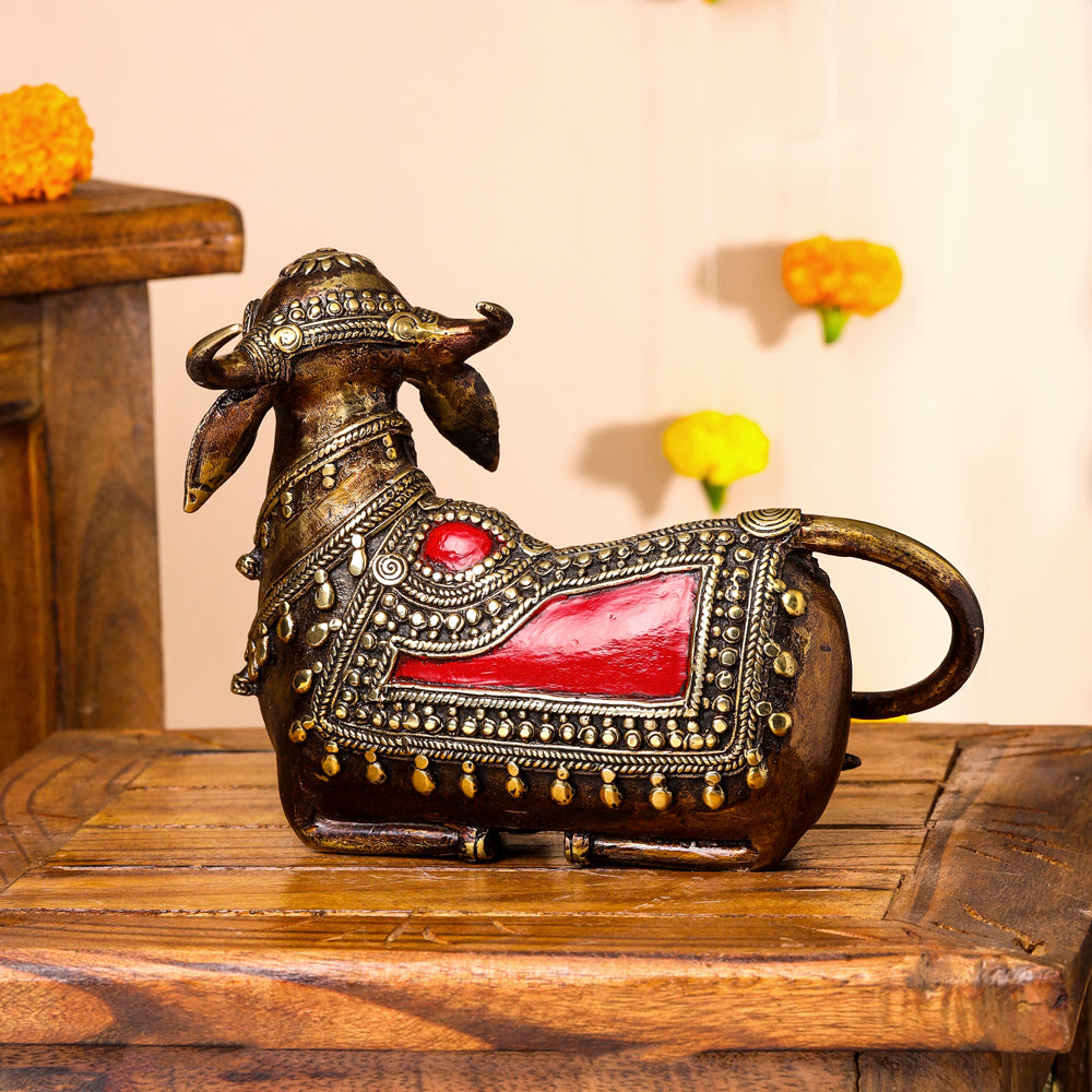 Brass Dhokra Sitting Kamdhenu Cow With Calf Idol (6 Inch) Vedansh Craft