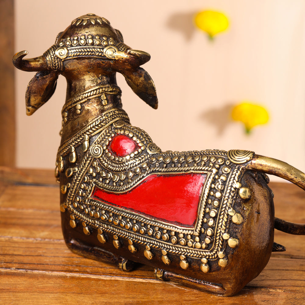 Brass Dhokra Sitting Kamdhenu Cow With Calf Idol (6 Inch) Vedansh Craft