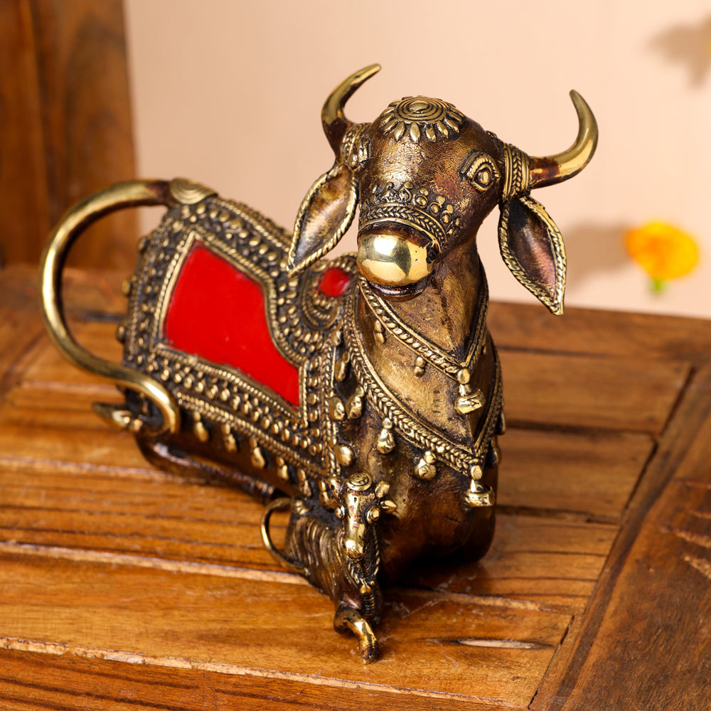 Brass Dhokra Sitting Kamdhenu Cow With Calf Idol (6 Inch) Vedansh Craft