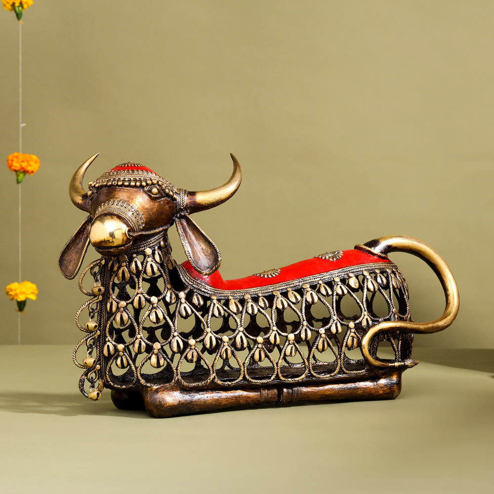 Brass Dhokra Sitting Jali Nandi Idol (10 Inch) Vedansh Craft
