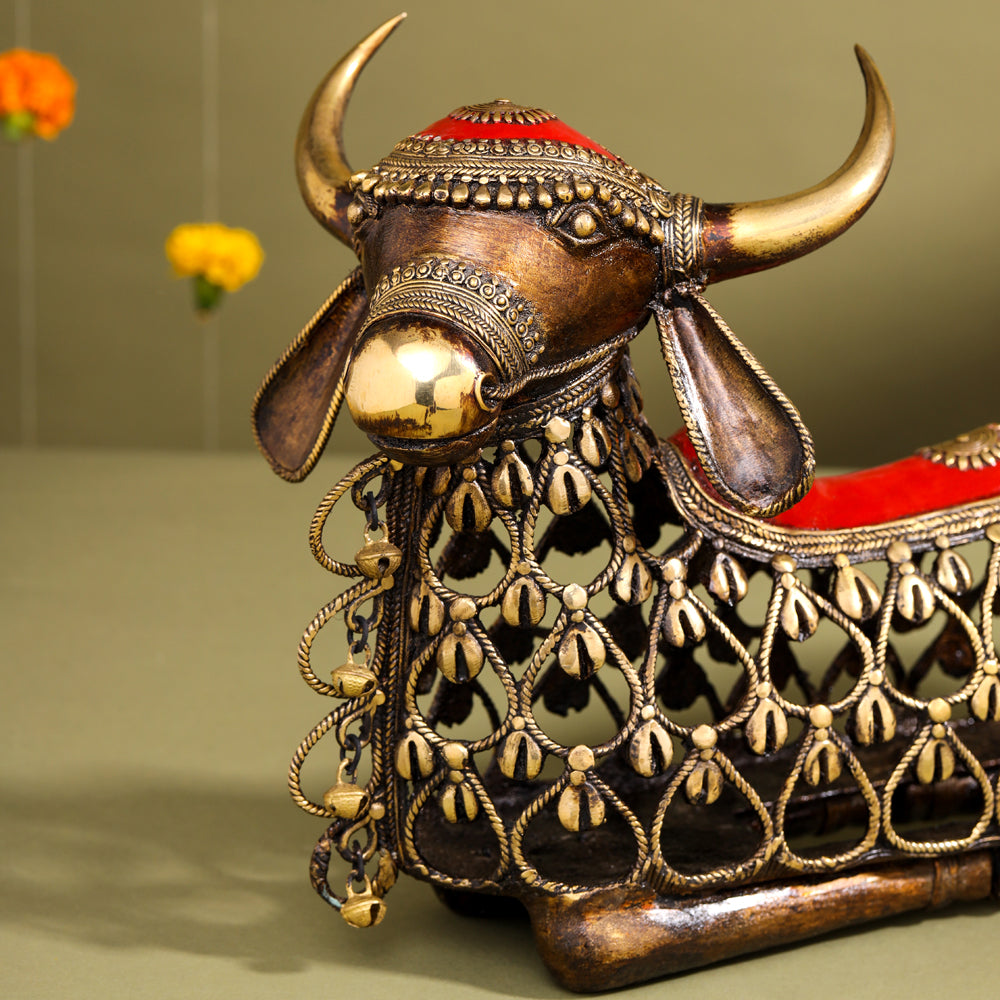 Brass Dhokra Sitting Jali Nandi Idol (10 Inch) Vedansh Craft
