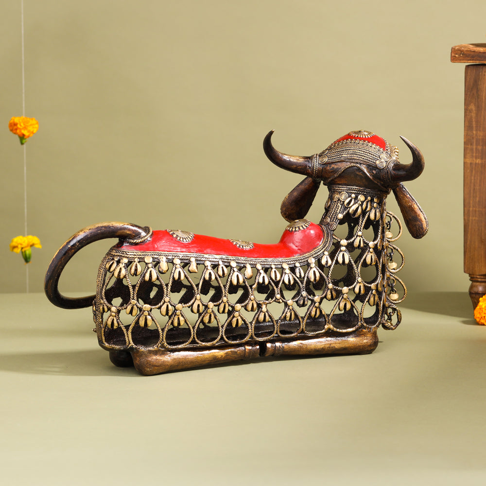 Brass Dhokra Sitting Jali Nandi Idol (10 Inch) Vedansh Craft