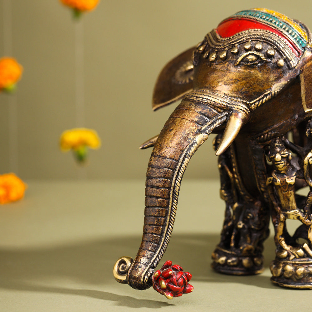 Brass Dhokra Elephant Down Trunk Statue (7 Inch) Vedansh Craft