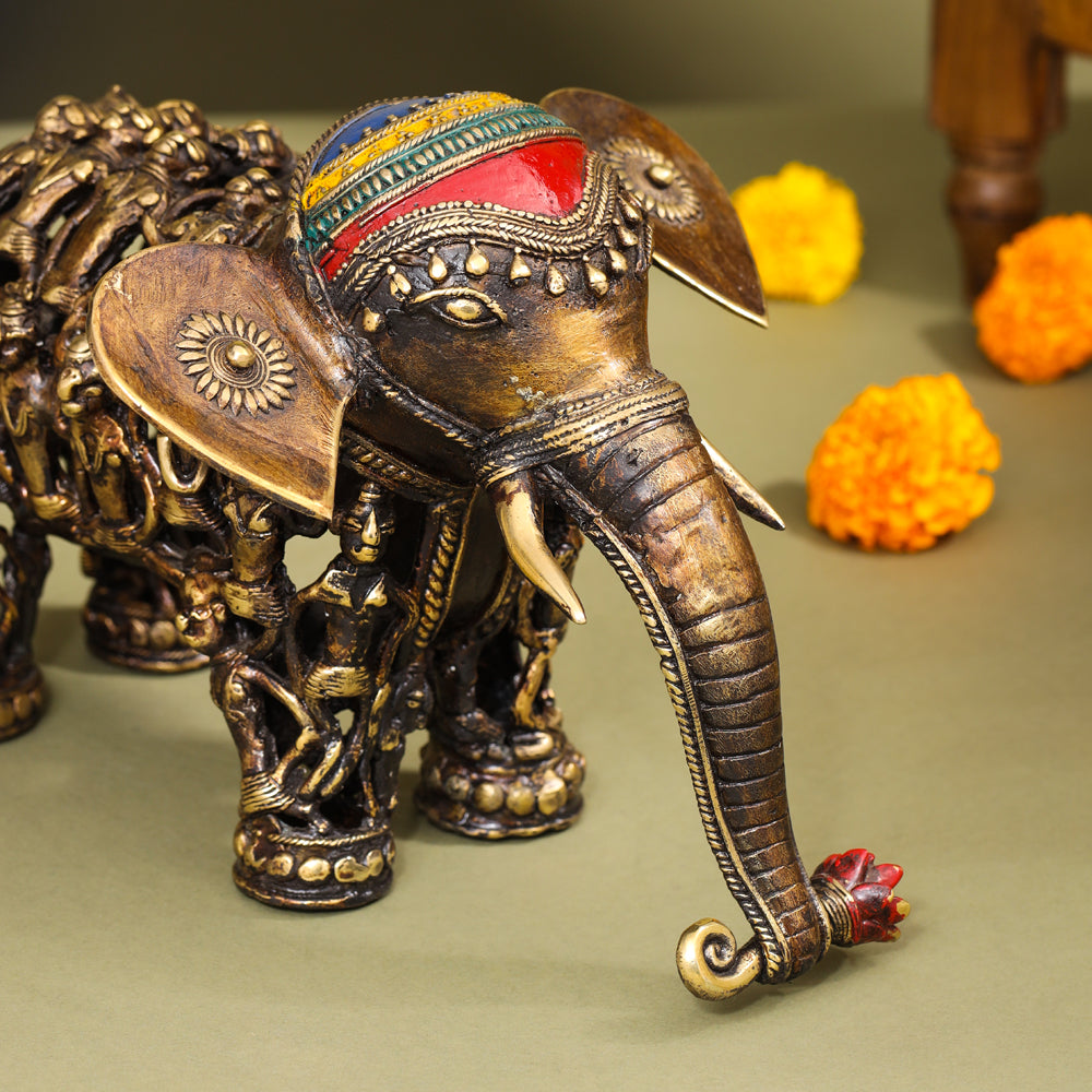 Brass Dhokra Elephant Down Trunk Statue (7 Inch) Vedansh Craft