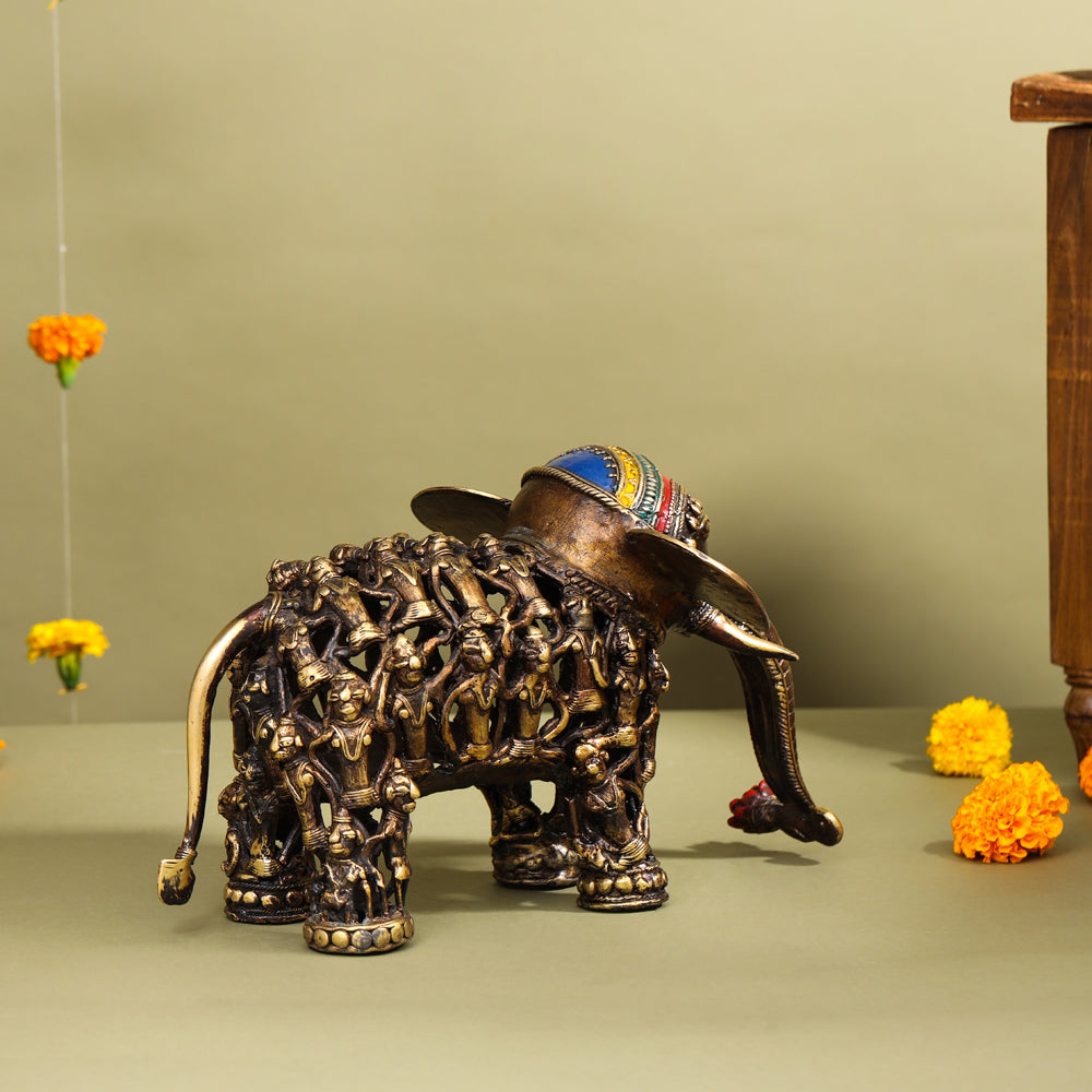 Brass Dhokra Elephant Down Trunk Statue (7 Inch) Vedansh Craft