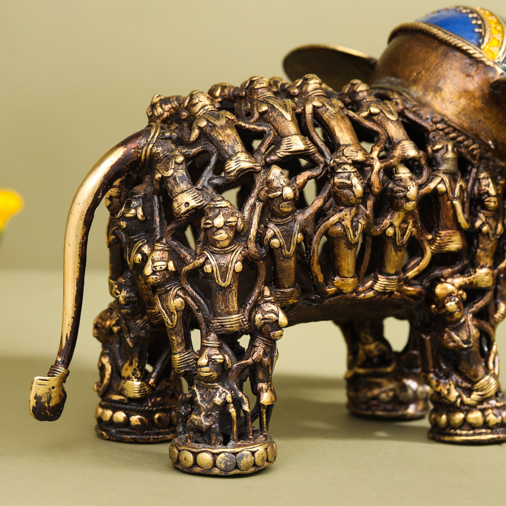 Brass Dhokra Elephant Down Trunk Statue (7 Inch) Vedansh Craft