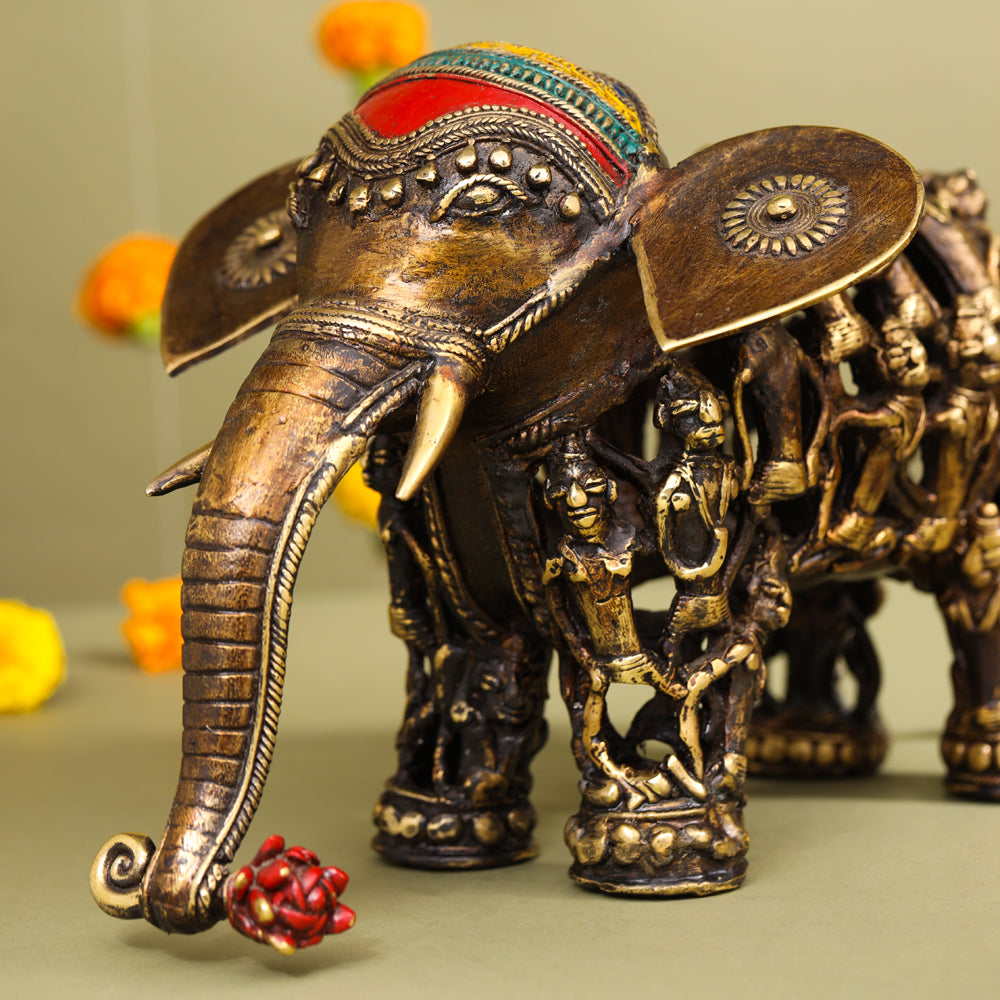 Brass Dhokra Elephant Down Trunk Statue (7 Inch) Vedansh Craft
