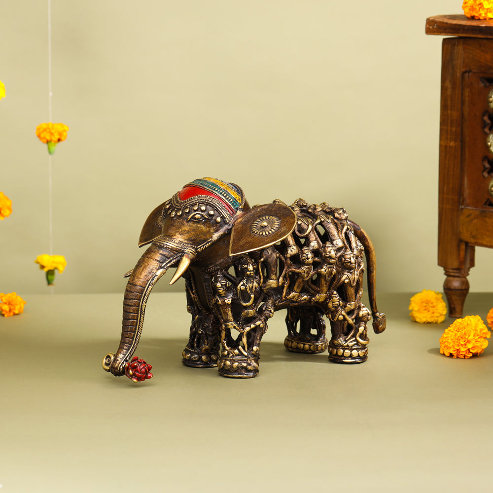Brass Dhokra Elephant Down Trunk Statue (7 Inch) Vedansh Craft