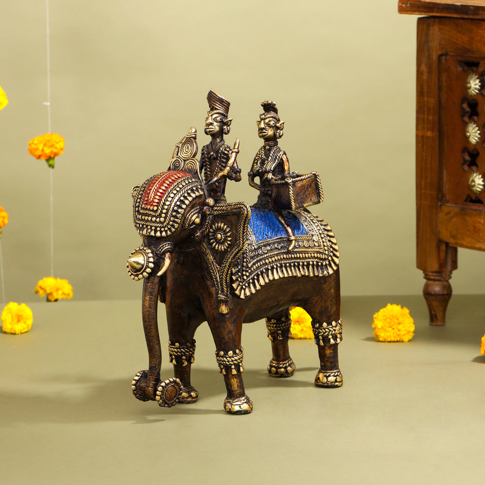 Brass Dhokra Elephant Down Trunk Statue (11.5 Inch) Vedansh Craft