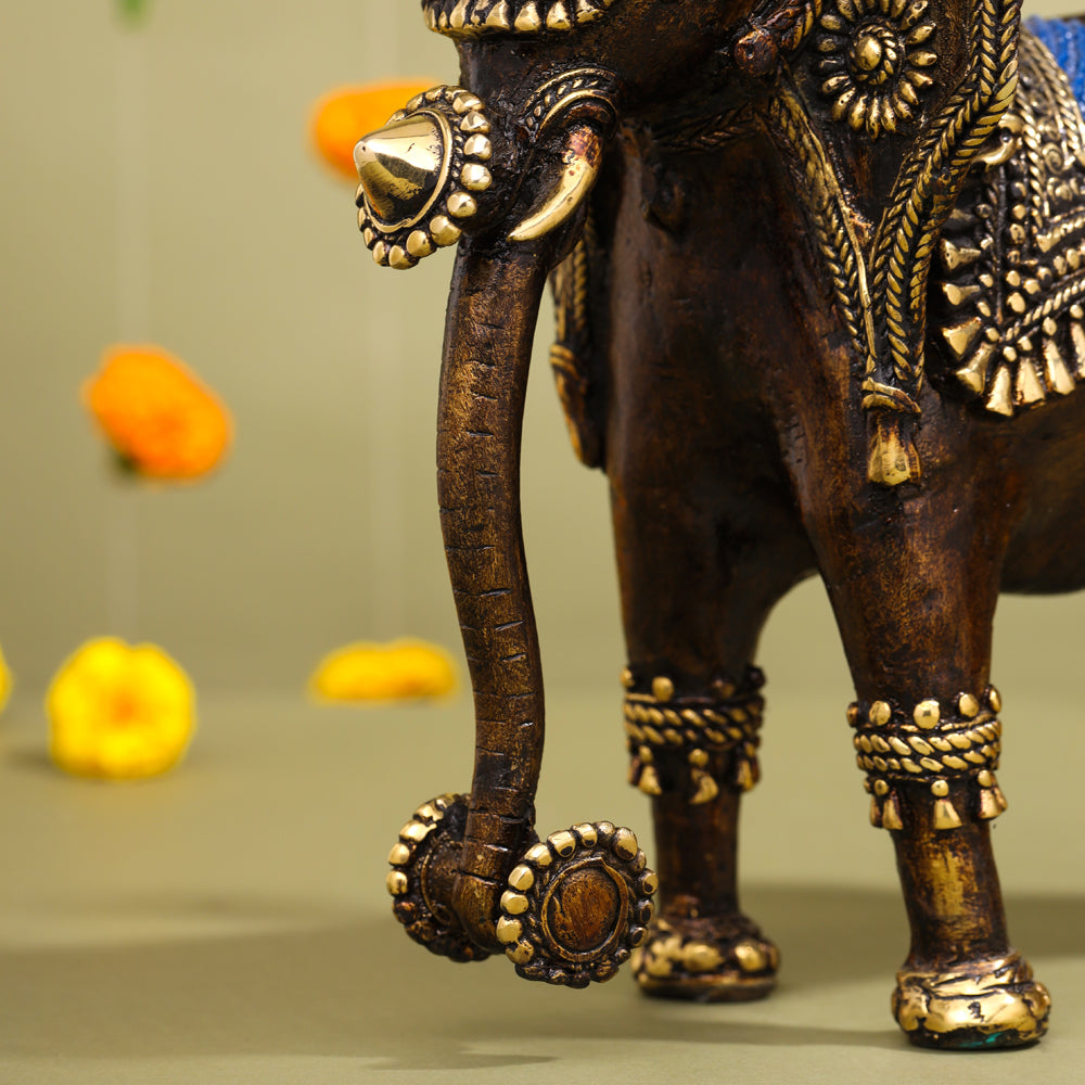 Brass Dhokra Elephant Down Trunk Statue (11.5 Inch) Vedansh Craft