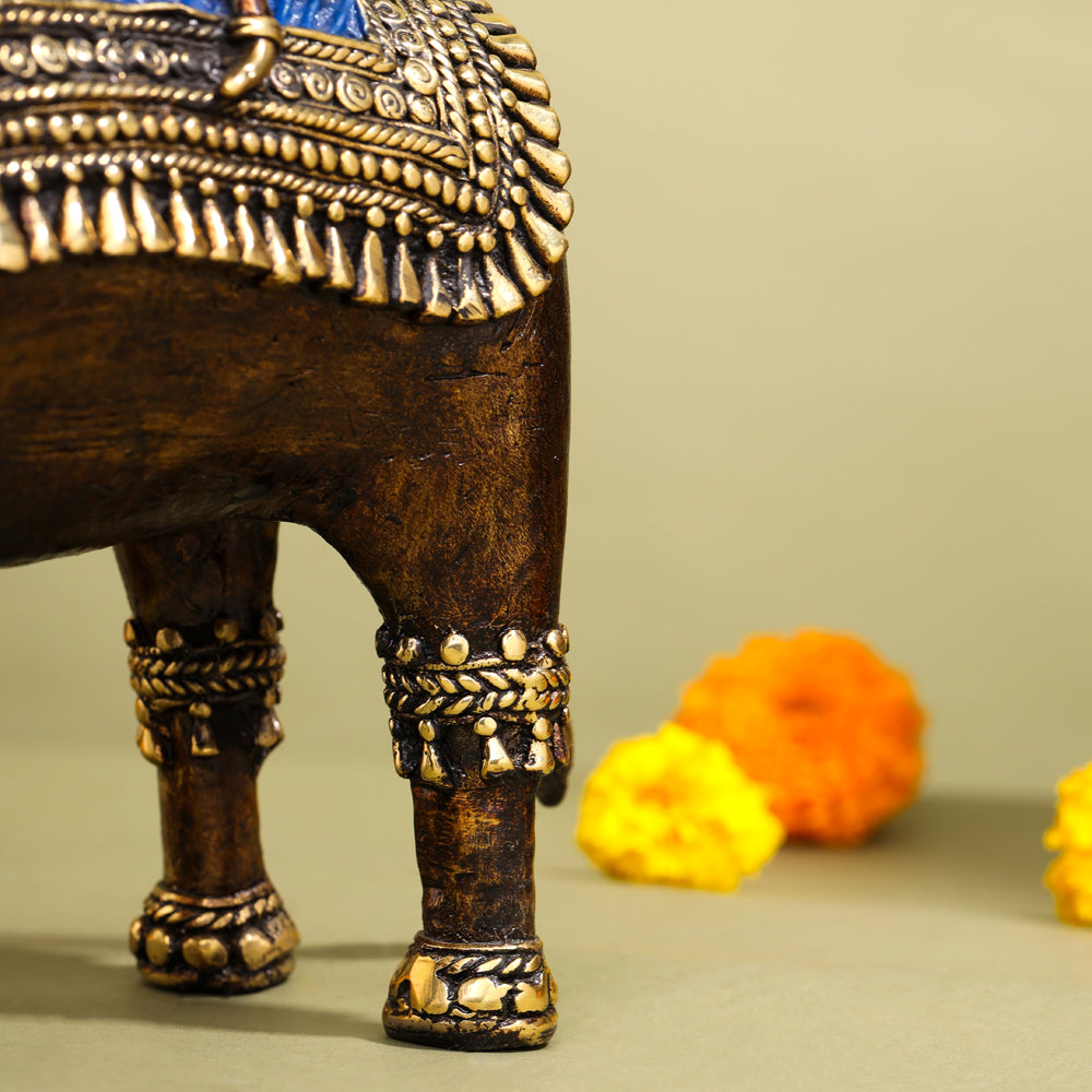 Brass Dhokra Elephant Down Trunk Statue (11.5 Inch) Vedansh Craft