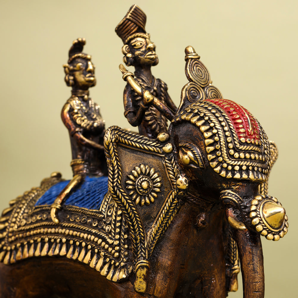 Brass Dhokra Elephant Down Trunk Statue (11.5 Inch) Vedansh Craft