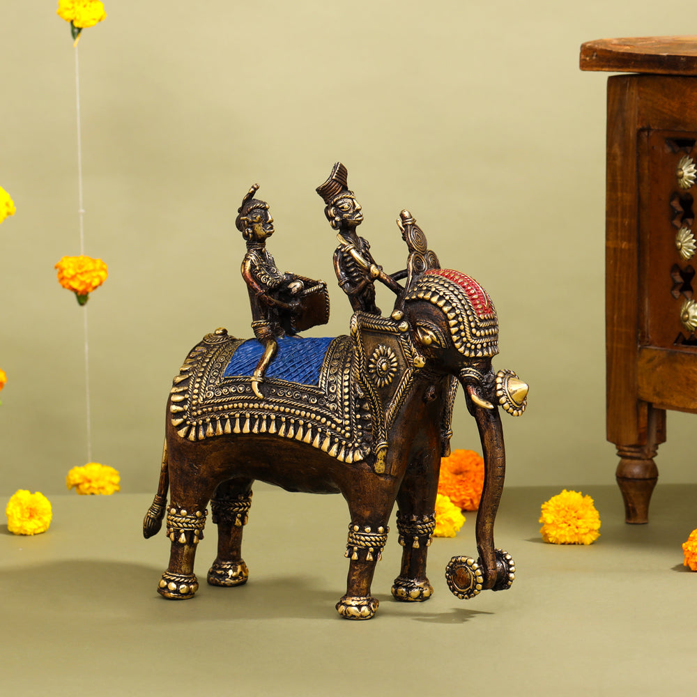 Brass Dhokra Elephant Down Trunk Statue (11.5 Inch) Vedansh Craft