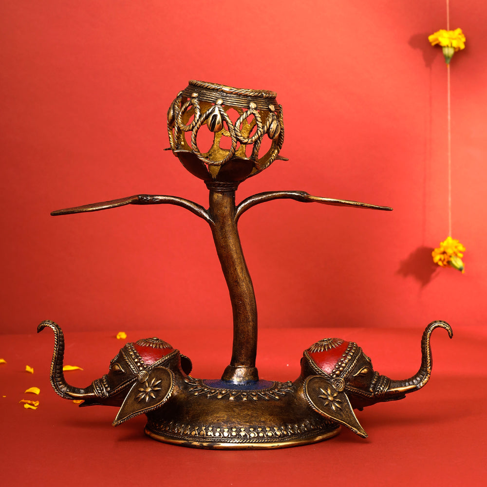 Brass Dhokra Elephant Lotus Candle Holder (11 Inch) Vedansh Craft