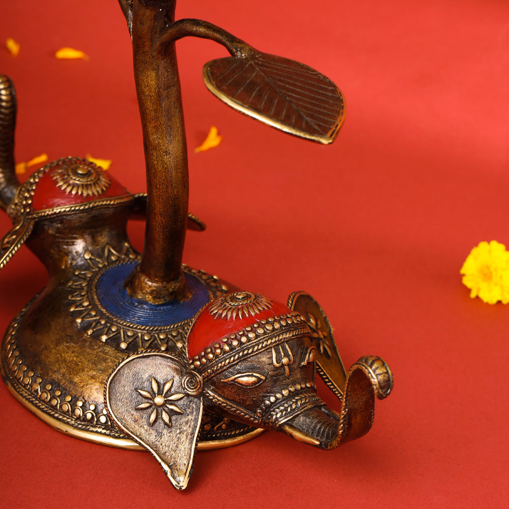 Brass Dhokra Elephant Lotus Candle Holder (11 Inch) Vedansh Craft
