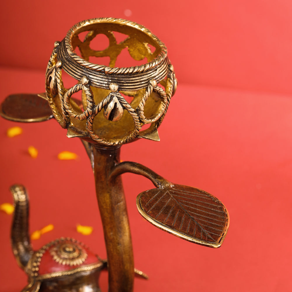 Brass Dhokra Elephant Lotus Candle Holder (11 Inch) Vedansh Craft