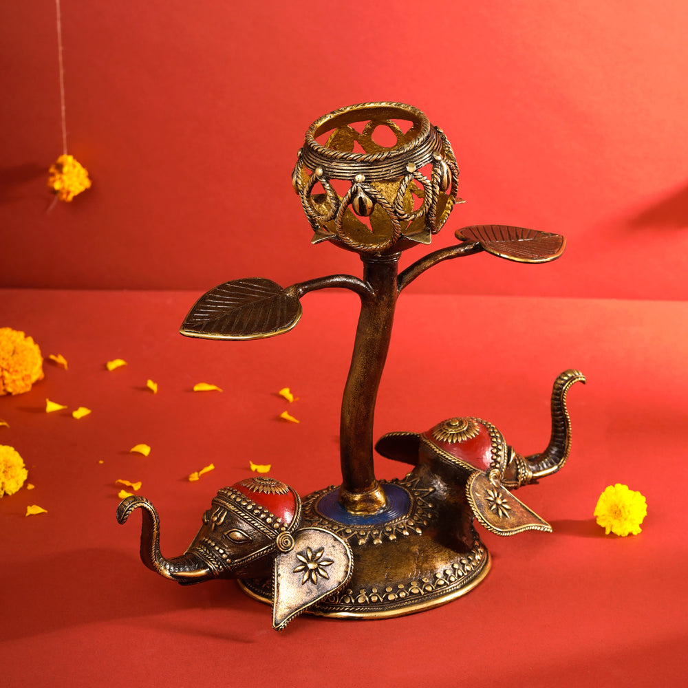 Brass Dhokra Elephant Lotus Candle Holder (11 Inch) Vedansh Craft