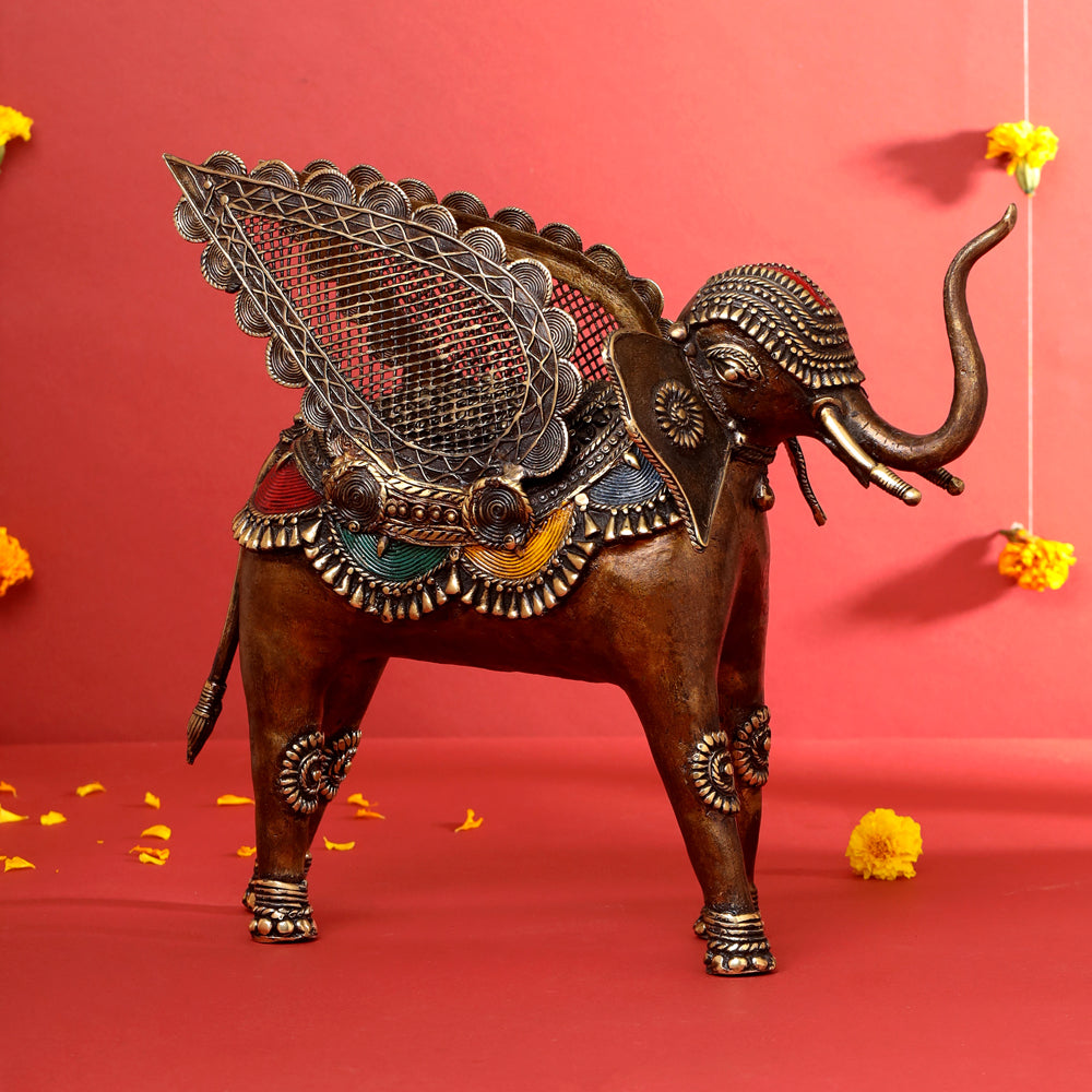 Brass Dhokra Elephant With Wings Statue (12.5 Inch) Vedansh Craft