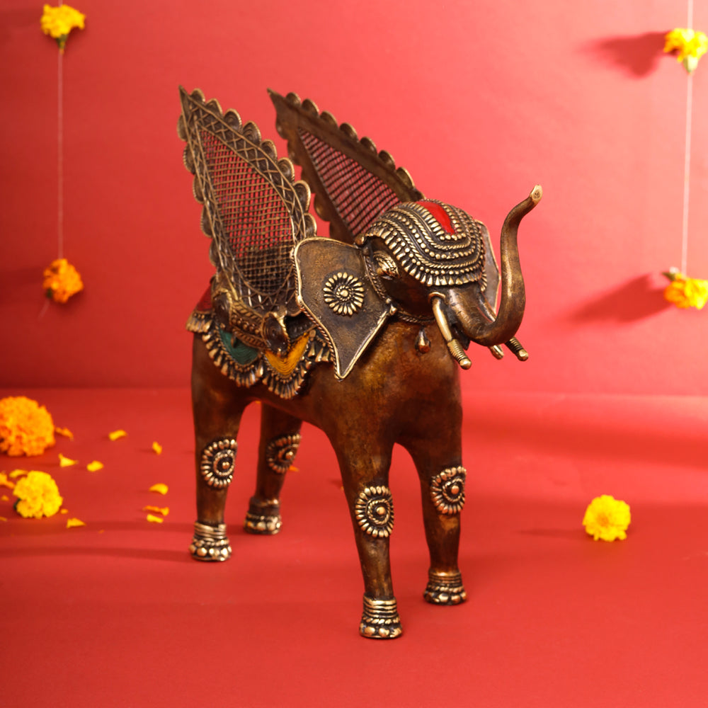 Brass Dhokra Elephant With Wings Statue (12.5 Inch) Vedansh Craft