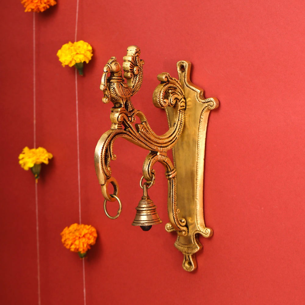 Brass Peacock Wall Mount Bracket With Bell (9 Inch) Vedansh Craft