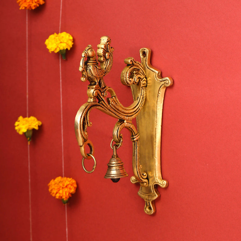 Brass Peacock Wall Mount Bracket With Bell (9 Inch) Vedansh Craft