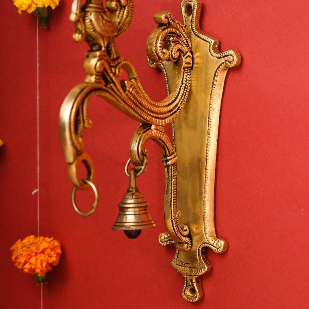 Brass Peacock Wall Mount Bracket With Bell (9 Inch) Vedansh Craft