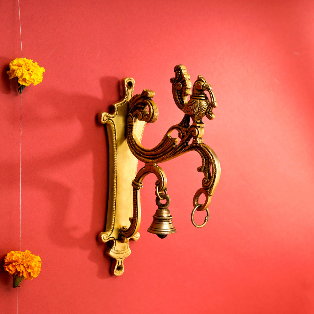 Brass Peacock Wall Mount Bracket With Bell (9 Inch) Vedansh Craft